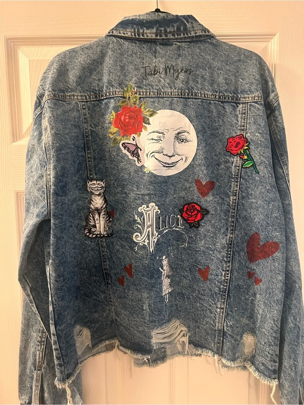 Blue Acid-Wash Embroidered Jean Jacket with Alice in Wonderland Patches